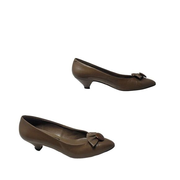 Vintage Spain Leather Kitten Heels 7M Brown 3D Bow Button Accent Secretary Geek - Picture 7 of 10
